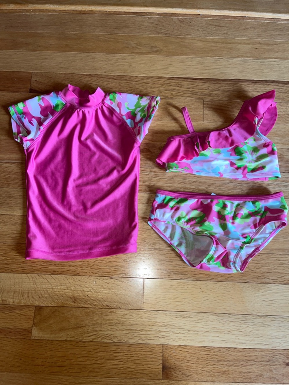 Girls Pink Floral Ruffle Bikini Set with Short Sleeve Rash Guard